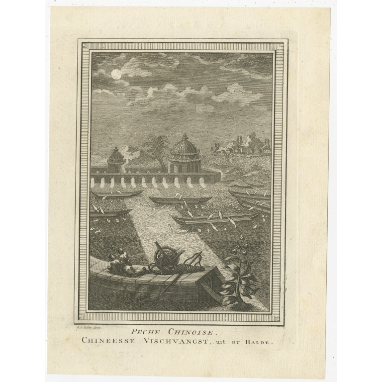 Antique Print of Chinese Fishing Methods by Van Schley (1749)