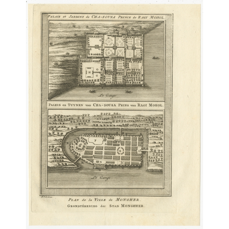 Antique Print of the Palace of Shah Shuja and a Plan of Munger by Van Schley (1757)