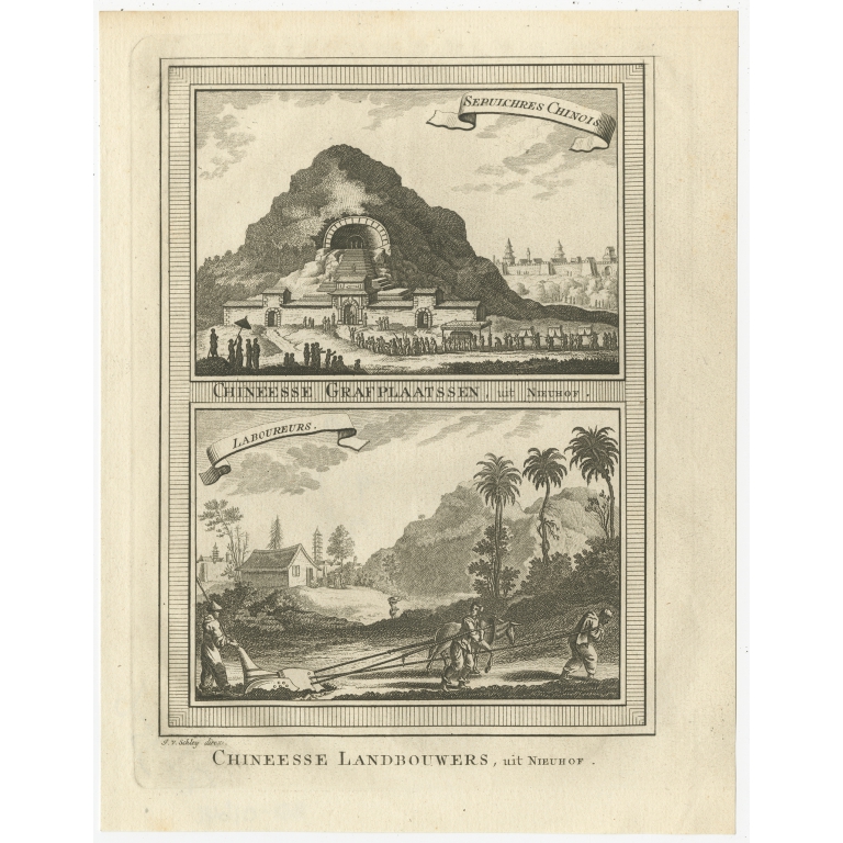 Antique Print of Chinese Tombs and Chinese Farmers by Van Schley (1749)