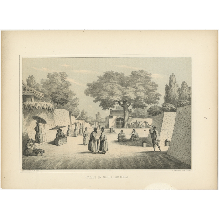 Antique Print of a Street in Naha by Hawks (1856)