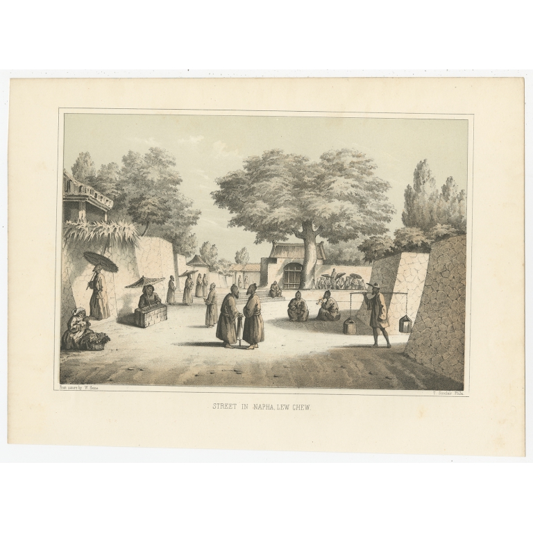 Antique Print of a Street in Naha by Hawks (1856)