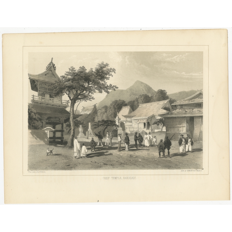 Antique Print of the Chief Temple in Hakodate by Hawks (1856)