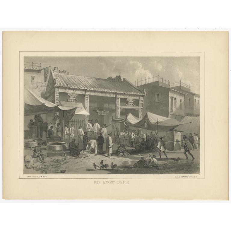 Antique Print of a Fish Market in Guangzhou by Hawks (1856)