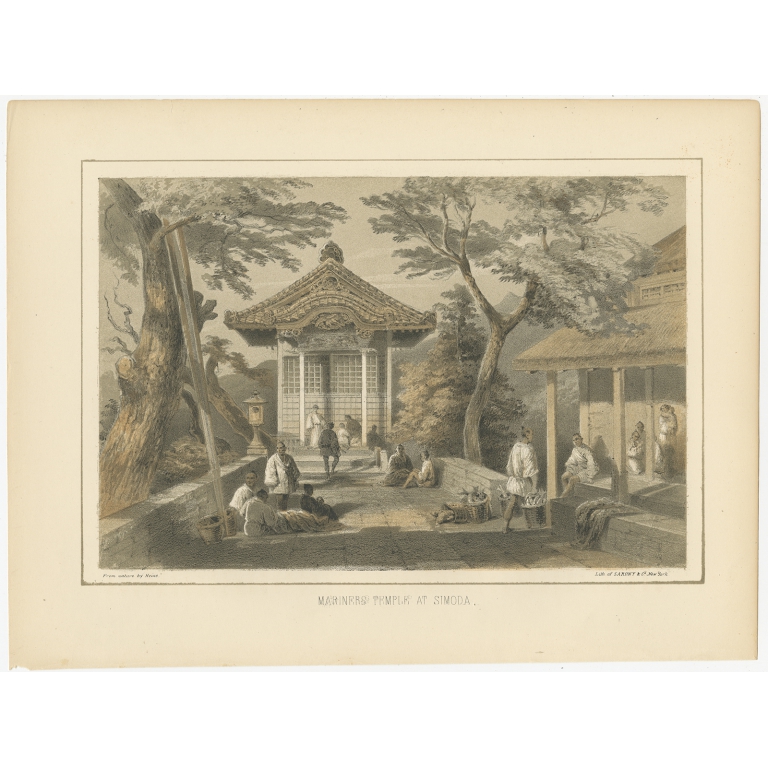 Antique Print of the Mariners Temple in Shimoda by Hawks (1856)