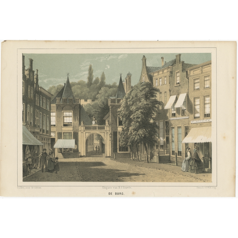 Antique Print of a Gate to the Burcht of Leiden by Montagne (1859)