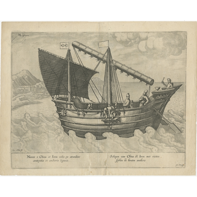 Antique Print of a Chinese Vessel by Van Linschoten (1596)
