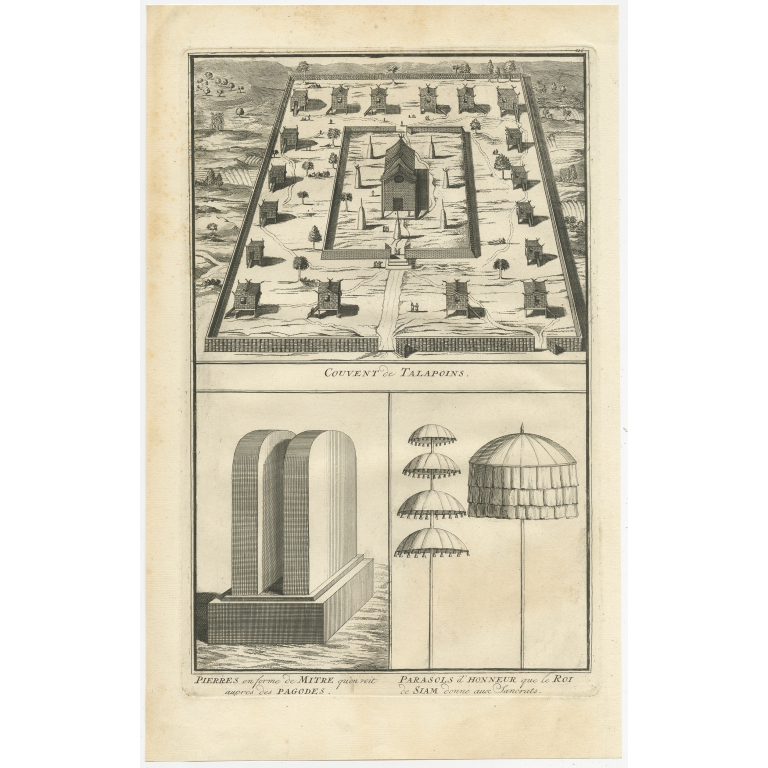 Antique Print of the Convent of Buddhist Monks by Moubach (c.1730)