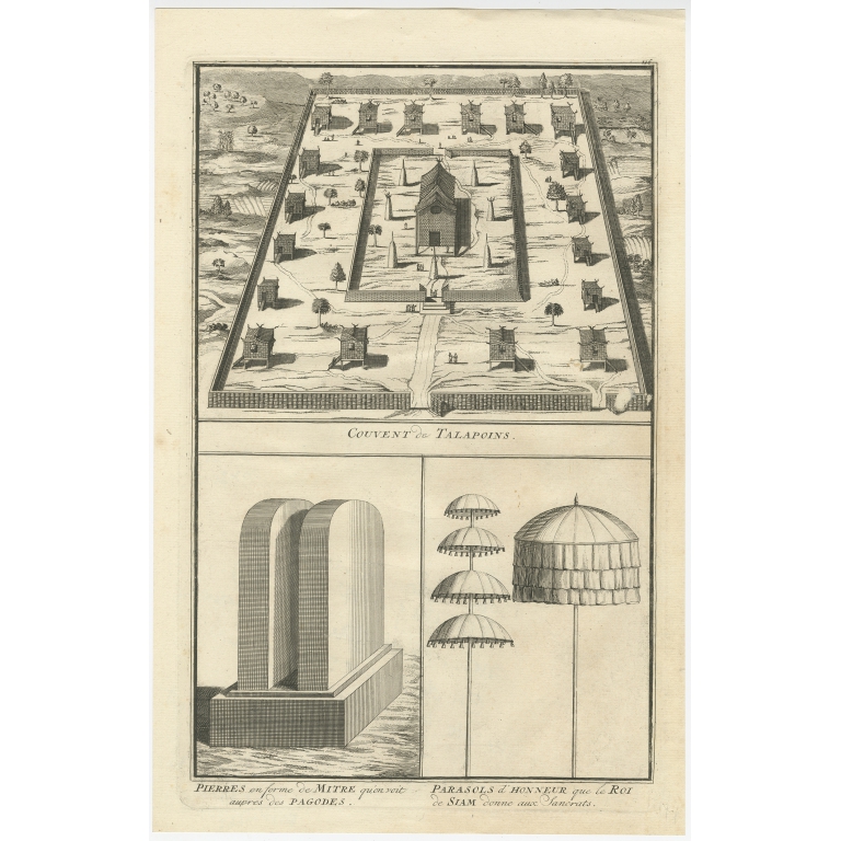 Antique Print of the Convent of Buddhist Monks by Moubach (c.1730)