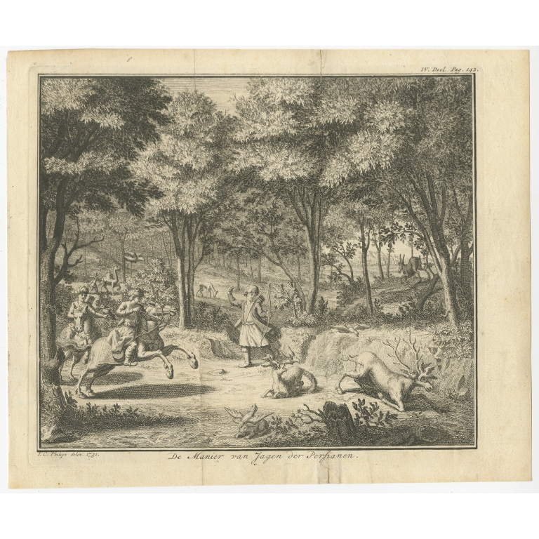 Antique Print of the Hunting Methods of Persians by Tirion (1731)