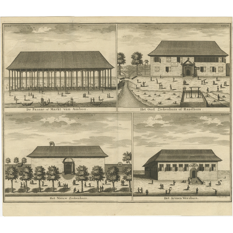 Antique Print of the Market, Hospital and Orphanage of Ambon by Valentijn (1726)