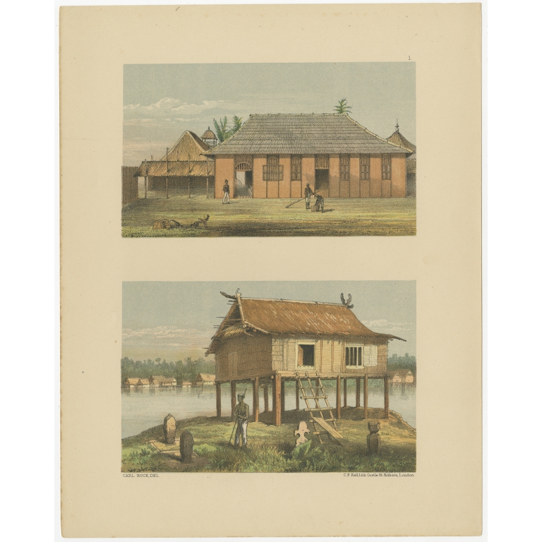 Antique Print of a Malayan House in Sumatra by Bock (1881)