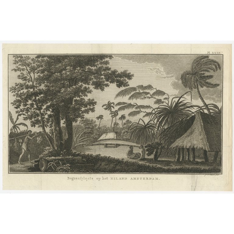 Antique Print of the Cemetery of Amsterdam Island by Cook (c.1785)
