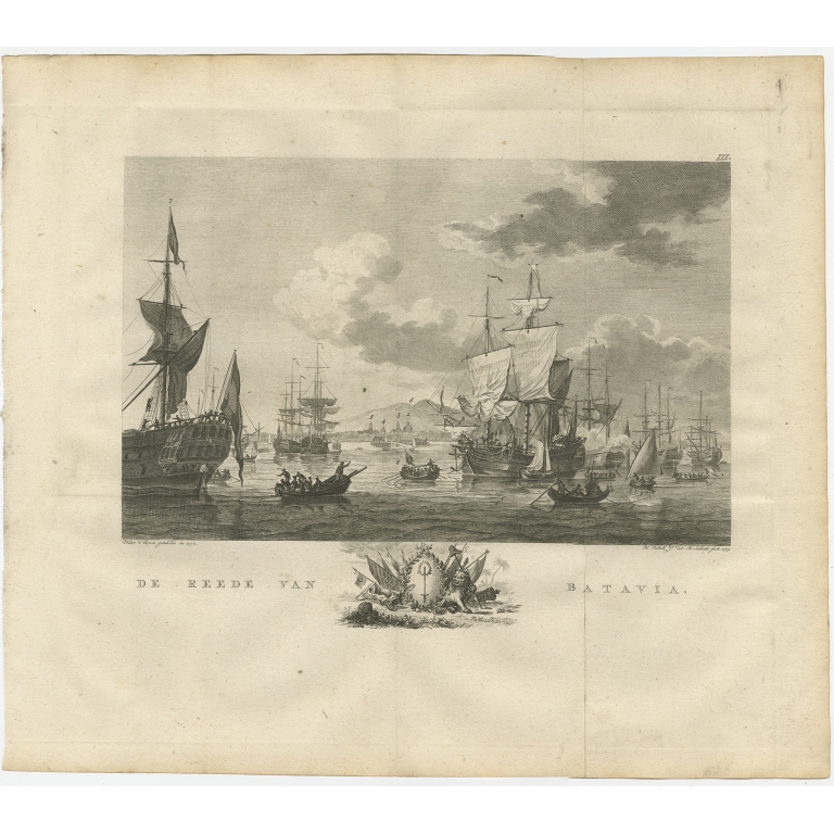 Antique Print of Ships near Batavia by Kobell (1779)
