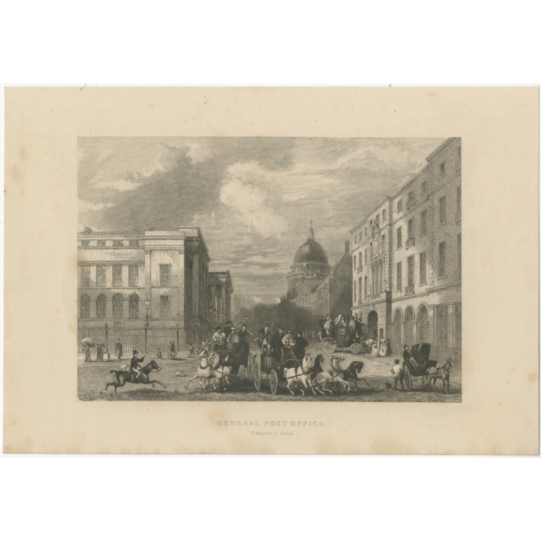Antique Print of the General Post Office of London (c.1840)