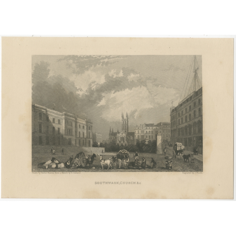 Antique Print of Southwark by Woods (c.1840)