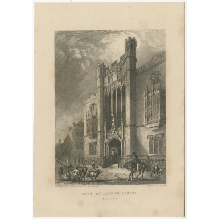 Antique Print of the City of London School by Woods (c.1840)