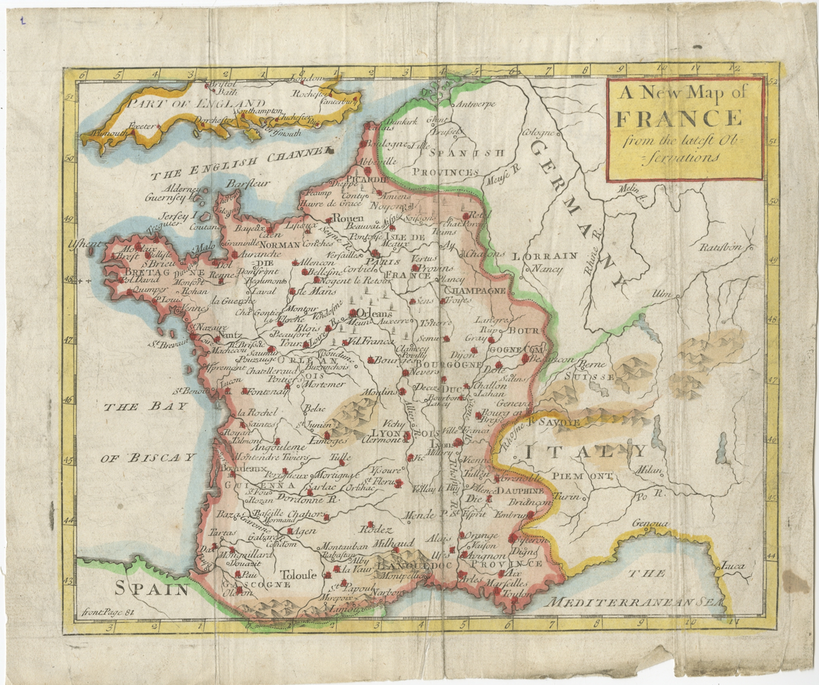 Old Vintage Map of France Seutter 1744 