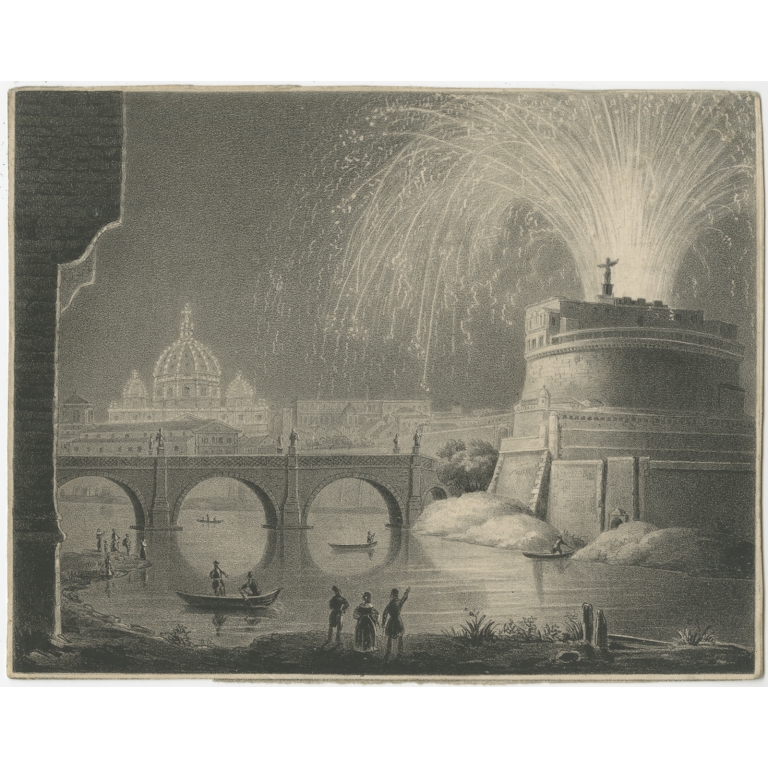 Antique Print of a Firework Display (c.1820)