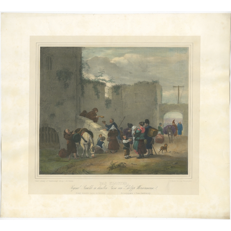 Antique Print of Travellers halting at a Convent (c.1840)