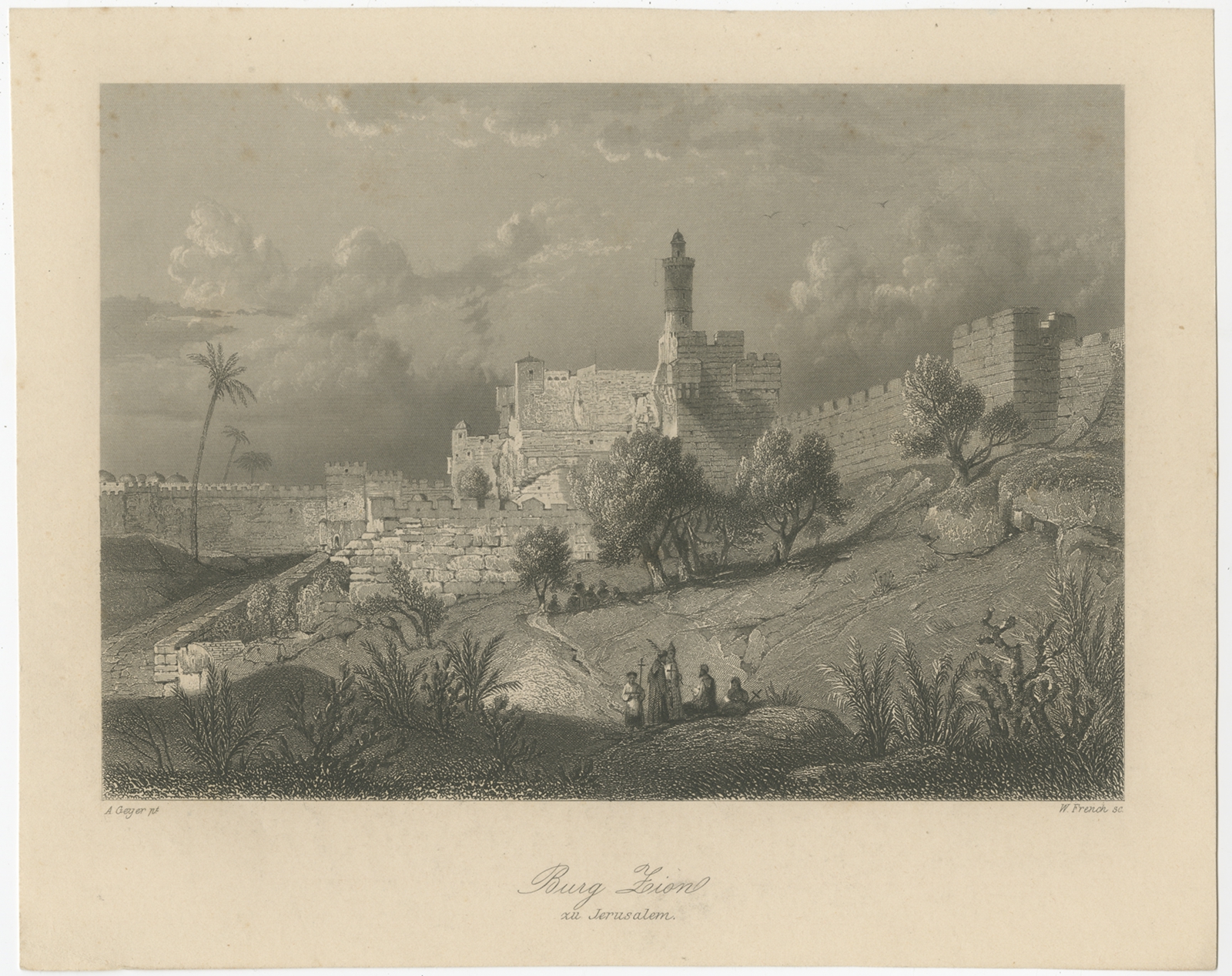 Antique Print of Mount Zion by French (c.1840)