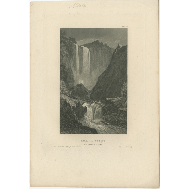 Antique Print of the Waterfall of Velino by Meyer (1837)