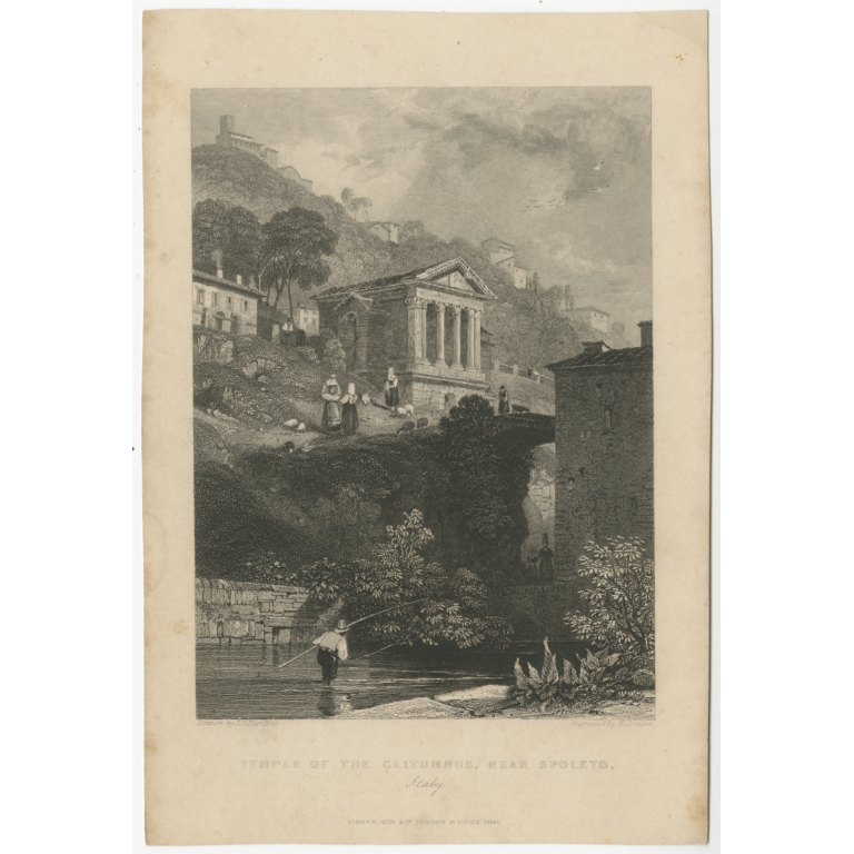 Antique Print of the Temple of Clitumnus by Fisher (c.1830)