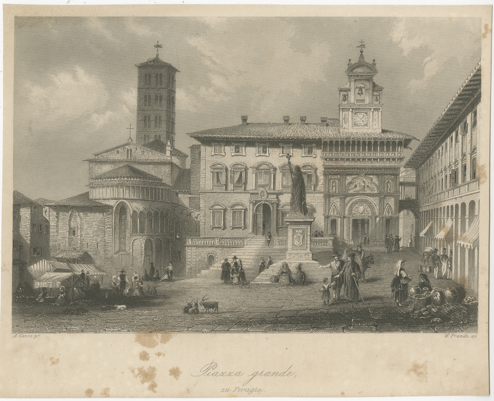 Antique Print of Piazza Grande in Arezzo by French (c.1850)