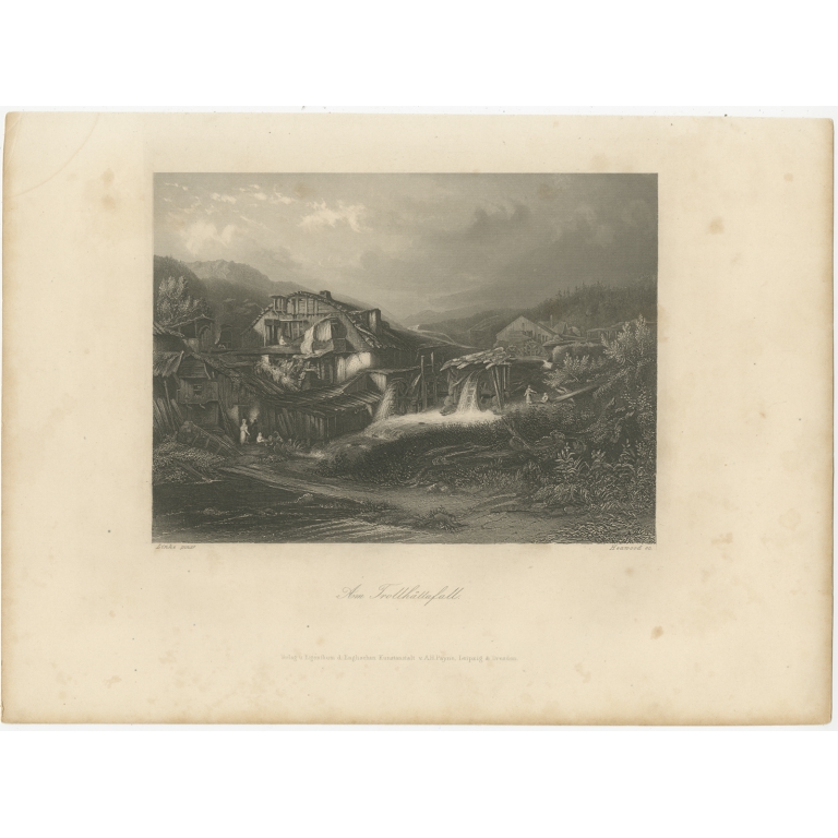 Antique Print of the Trollhättan Falls by Heawood (c.1850)