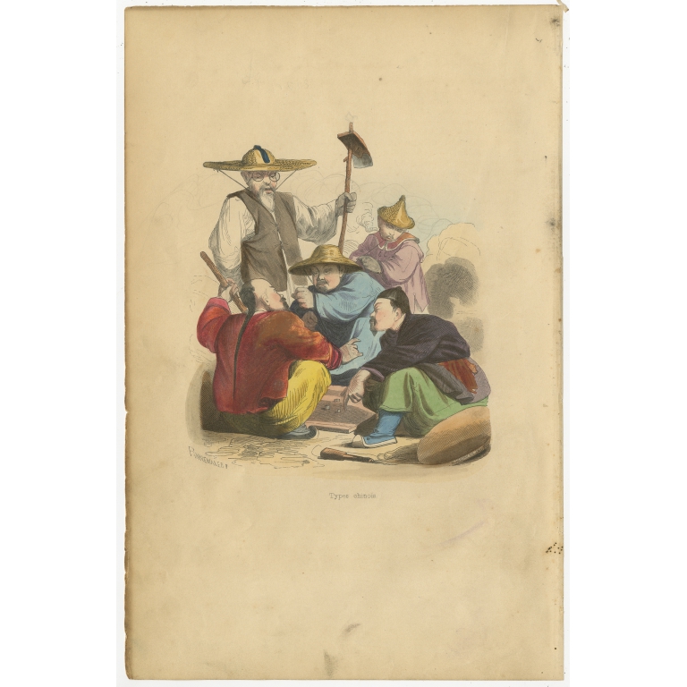 Antique Print of Chinese Men playing a Game of Dice by Wahlen (1843)