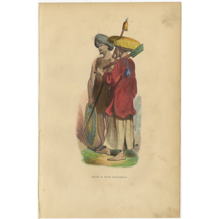 Antique Print of a Native and Soldier of Cochinchian by Wahlen (1843)