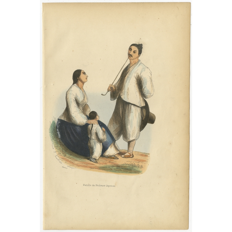 Antique Print of a Japanese Fishermen Family by Wahlen (1843)