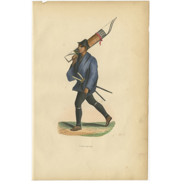 Antique Print of a Japanese Soldier carrying a Bow by Wahlen (1843)
