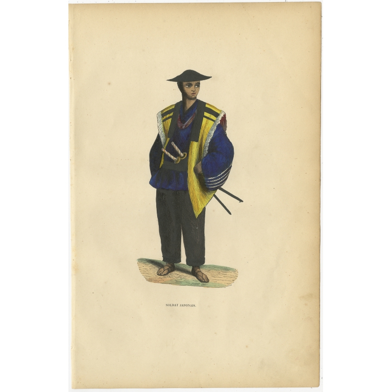 Antique Print of a Japanese Soldier carrying Swords by Wahlen (1843)