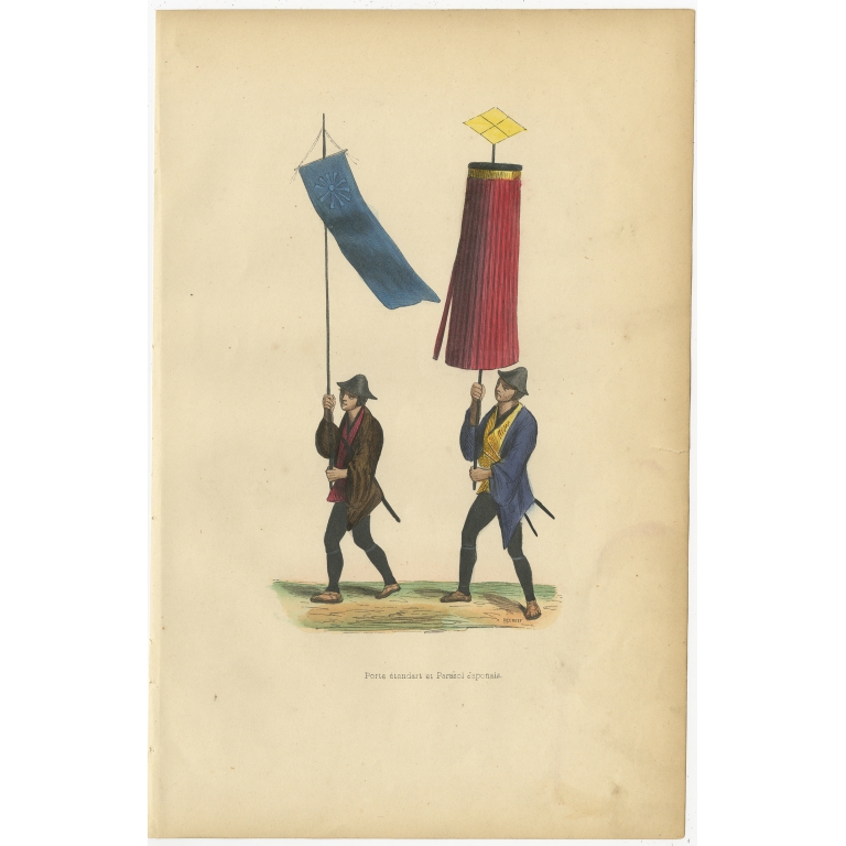 Antique Print of a Japanese Flag and Parasol by Wahlen (1843)