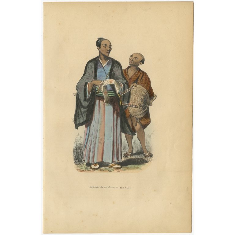 Antique Print of a Japanese Nobleman and his Servant by Wahlen (1843)