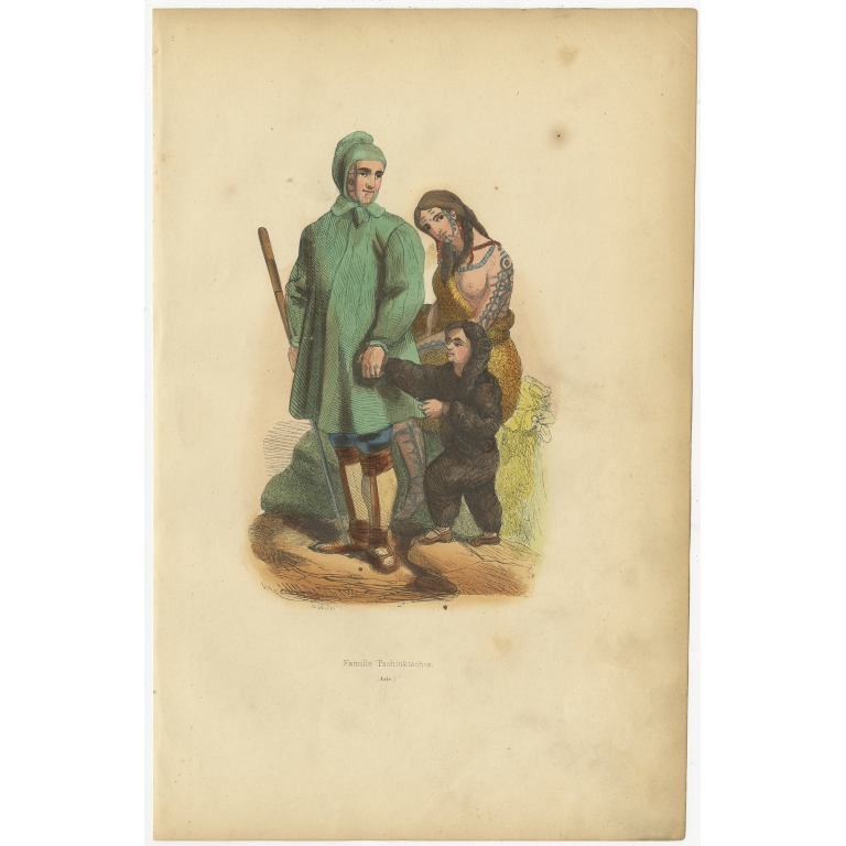 Antique Print of a Chukchi Family by Wahlen (1843)