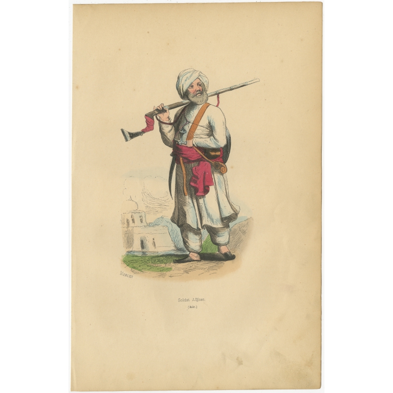 Antique Print of an Afghan Soldier by Wahlen (1843)