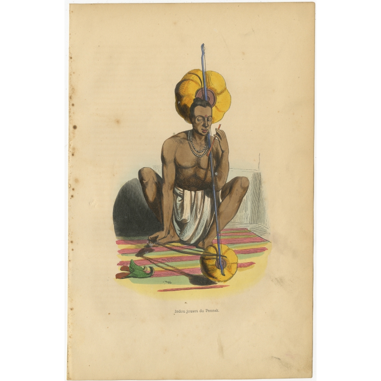 Antique Print of a Hindu Musician by Wahlen (1843)