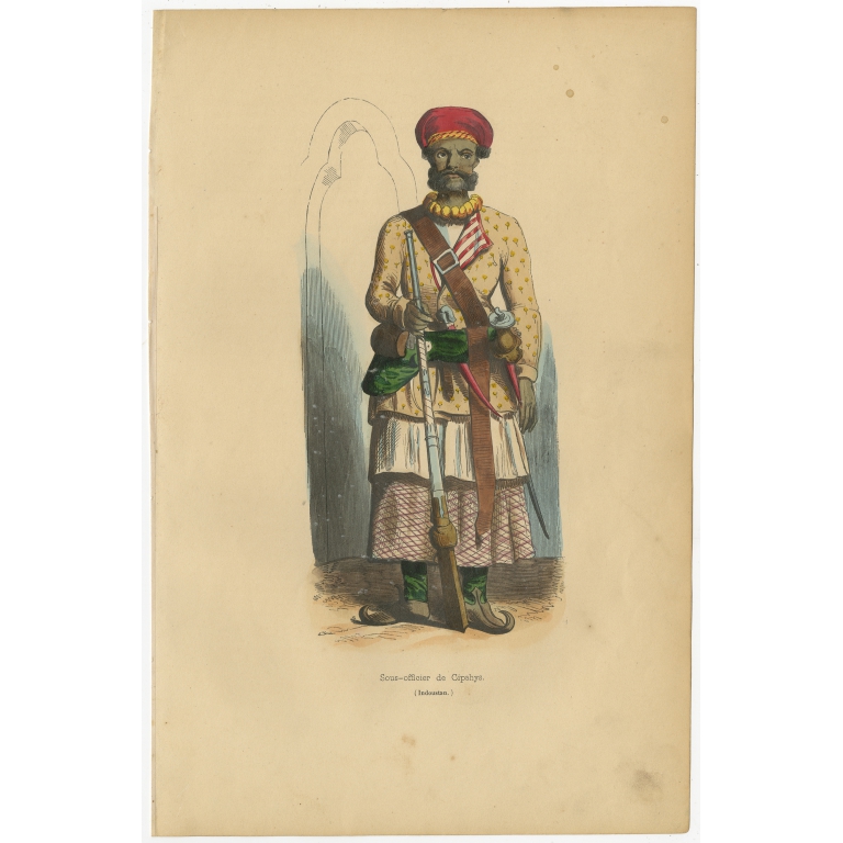 Antique Print of an Indian Sepoy Officer by Wahlen (1843)