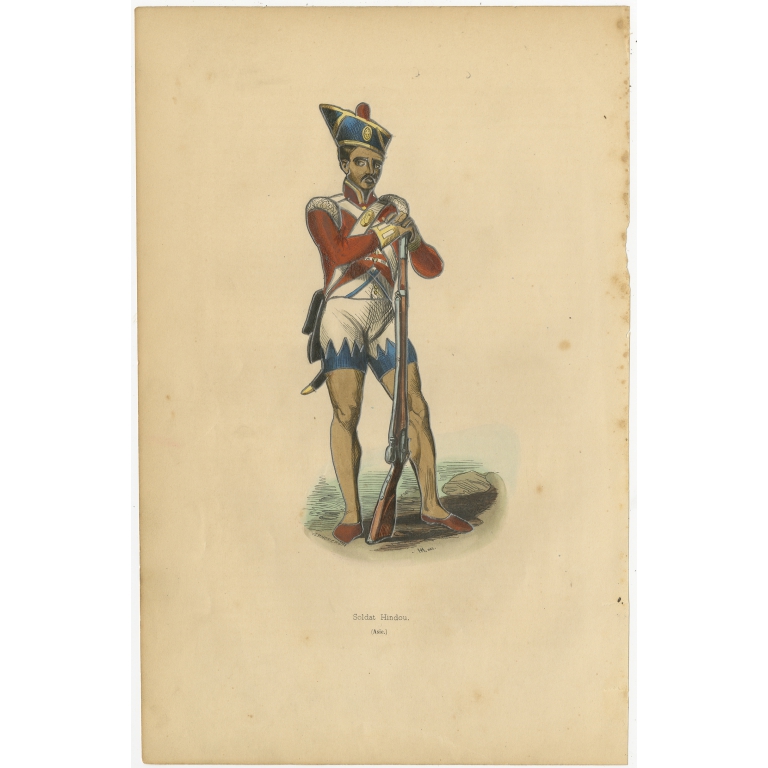 Antique Print of a Hindu Soldier by Wahlen (1843)