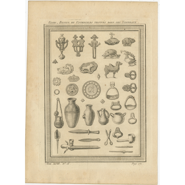 Antique Print of Krasnoyarsk Vases, Jewellery and Utensils by Prévost (1768)