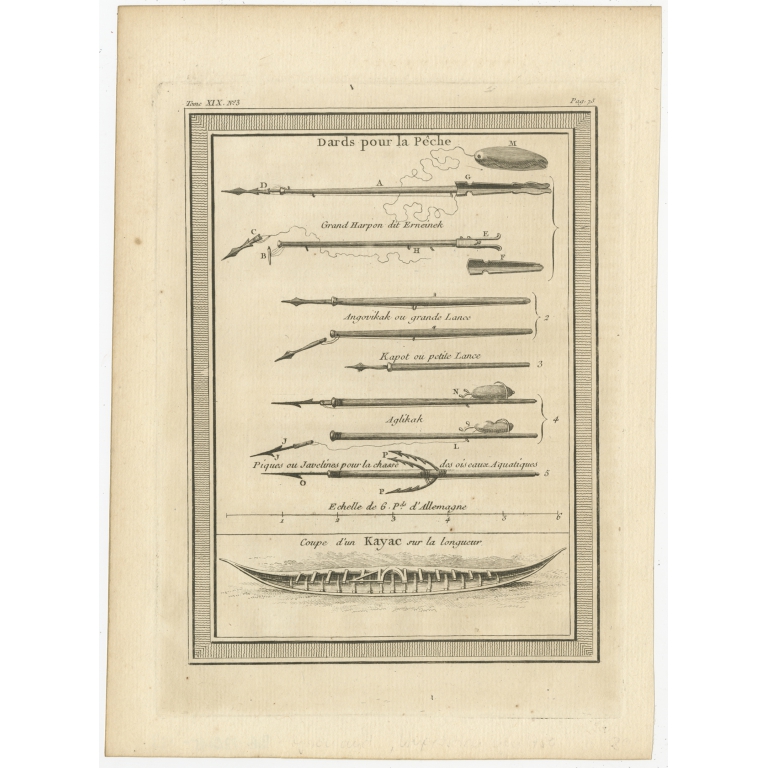 Antique Print of Darts for Fishing and a Kayak by Prévost (1768)