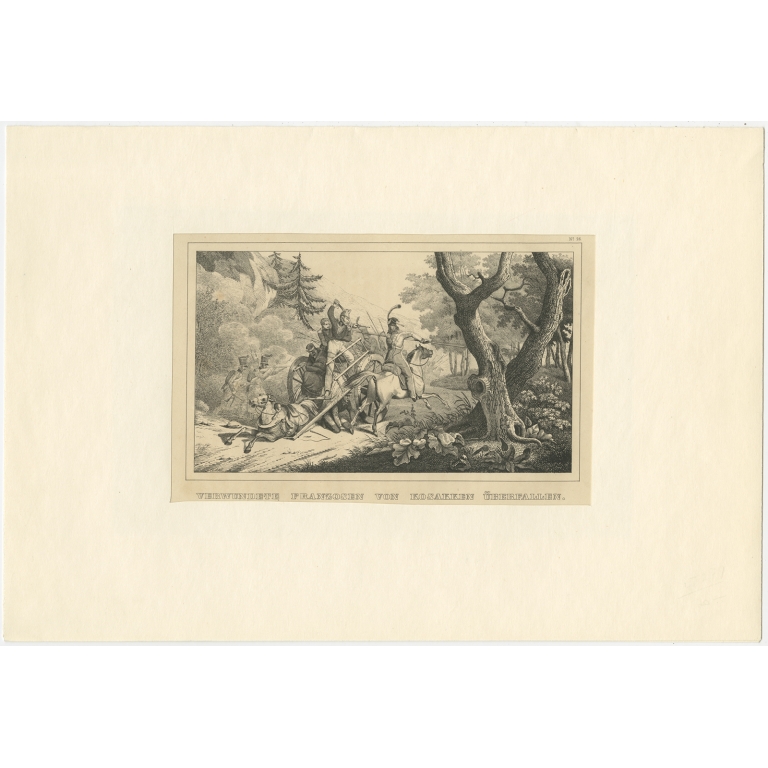 Antique Print of French Soldiers attacked by Cossacks by Steger (1845)