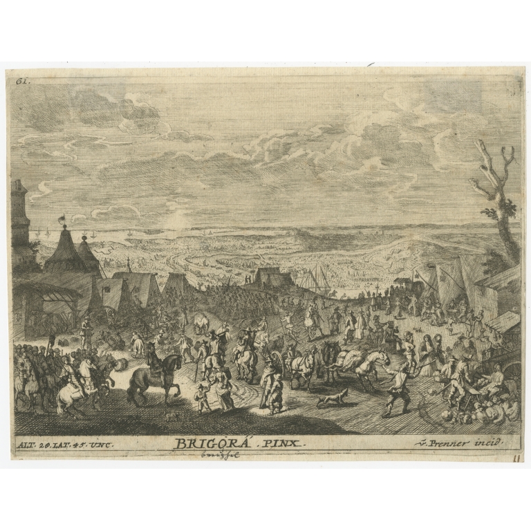 Antique Print of a Landscape with Military Encampent by Von Prenner (c.1730)