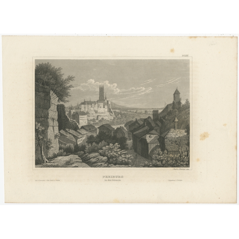 Antique Print of the city of Fribourg by Meyer (c.1860)