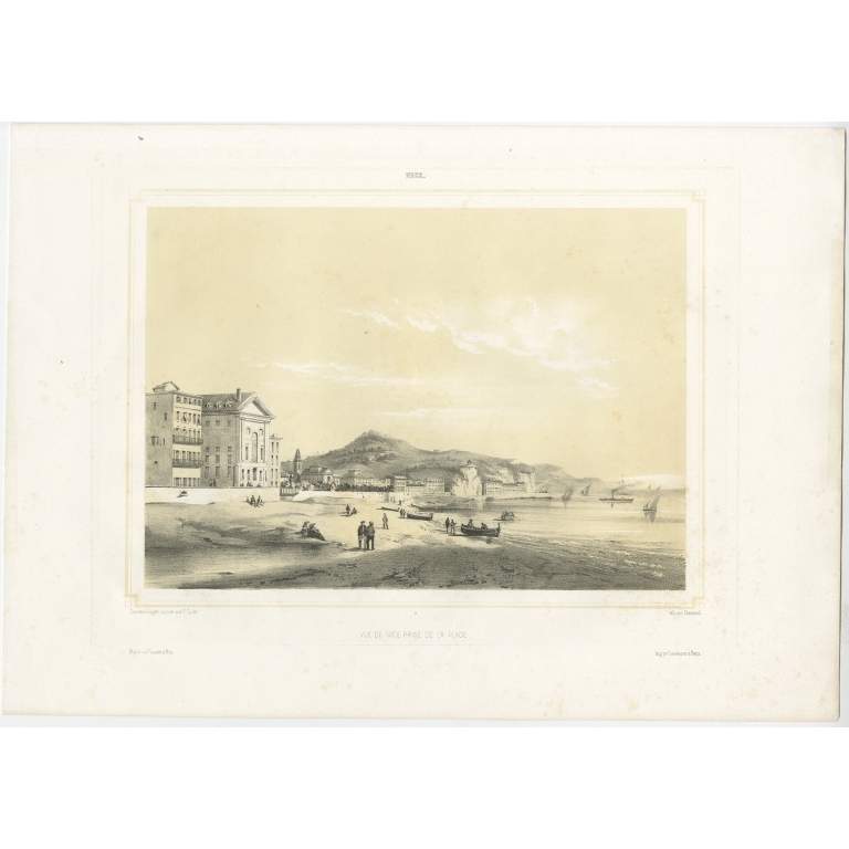 Antique Print of the city of Nice from the Beach by Damand (1855)
