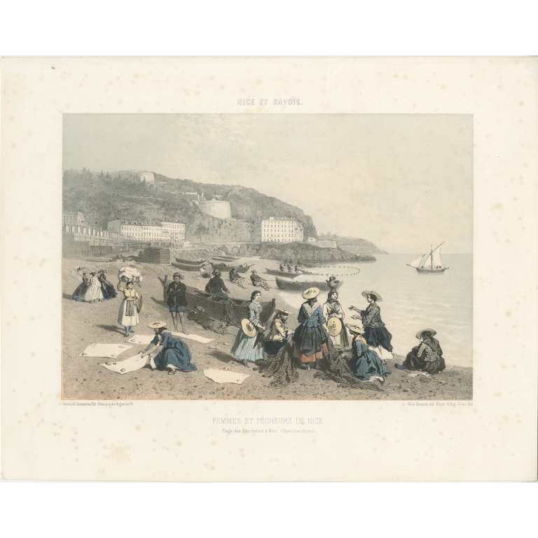 Antique Print of Women and Fishermen in Nice by Benoist (c.1865)
