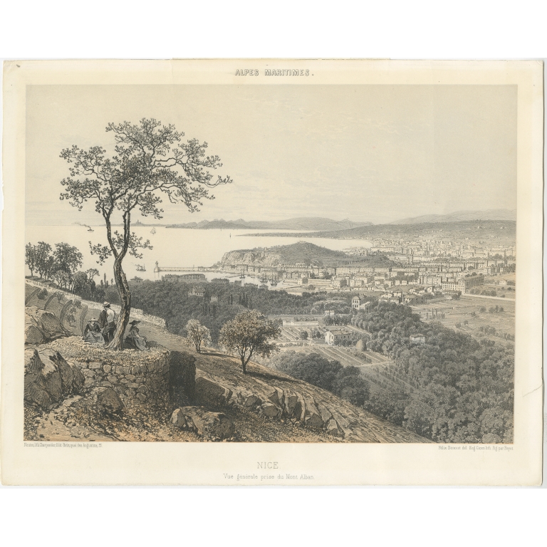 Antique Print of Nice near Mont Alban by Benoist (c.1865)