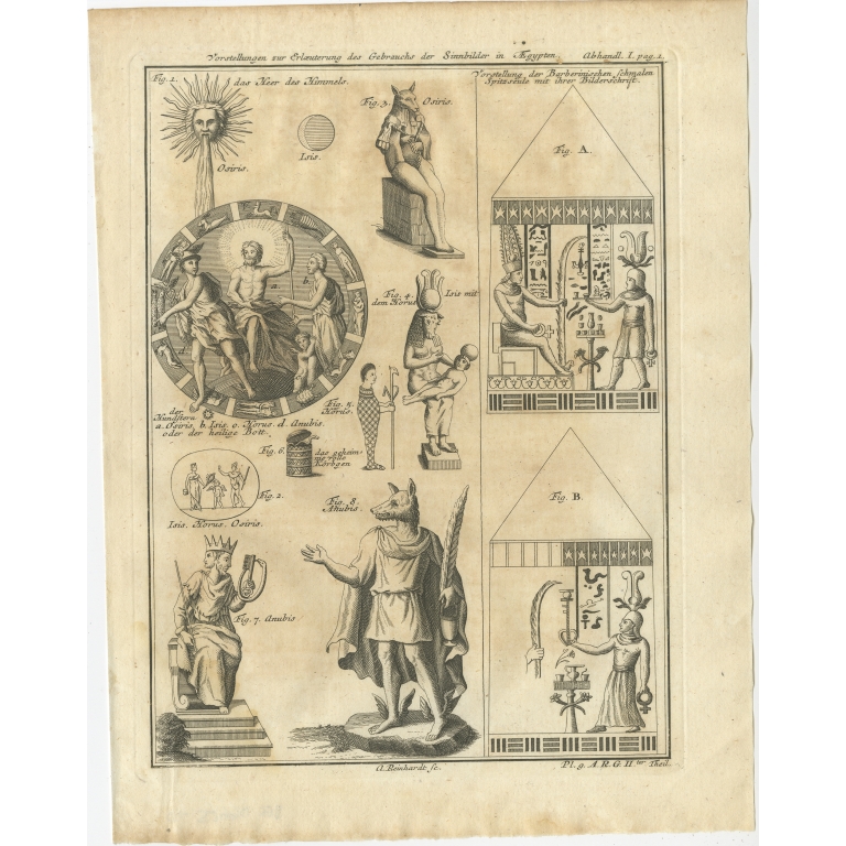 Antique Print of Anubis, Osiris and other Figures by Van Dùren (1749)
