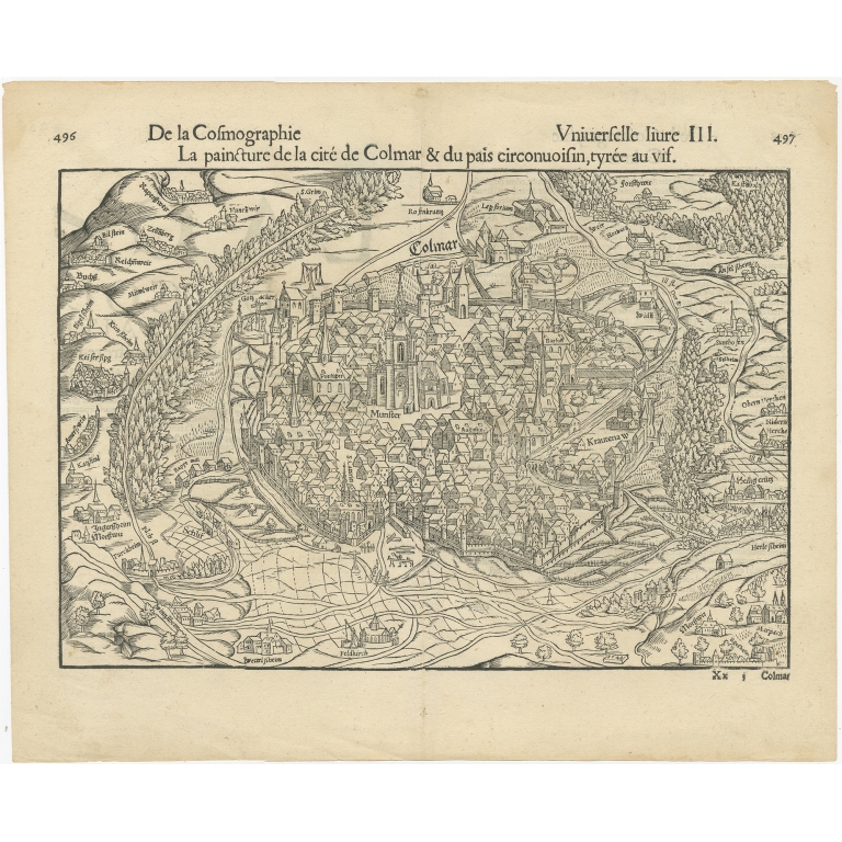 Antique Map of the city of Colmar by Münster (1552)